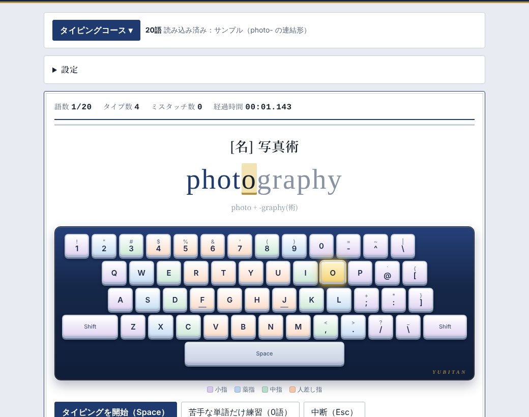 ゆびたんの練習画面。和訳を見ながら英単語を入力し、次に押すキーが光る